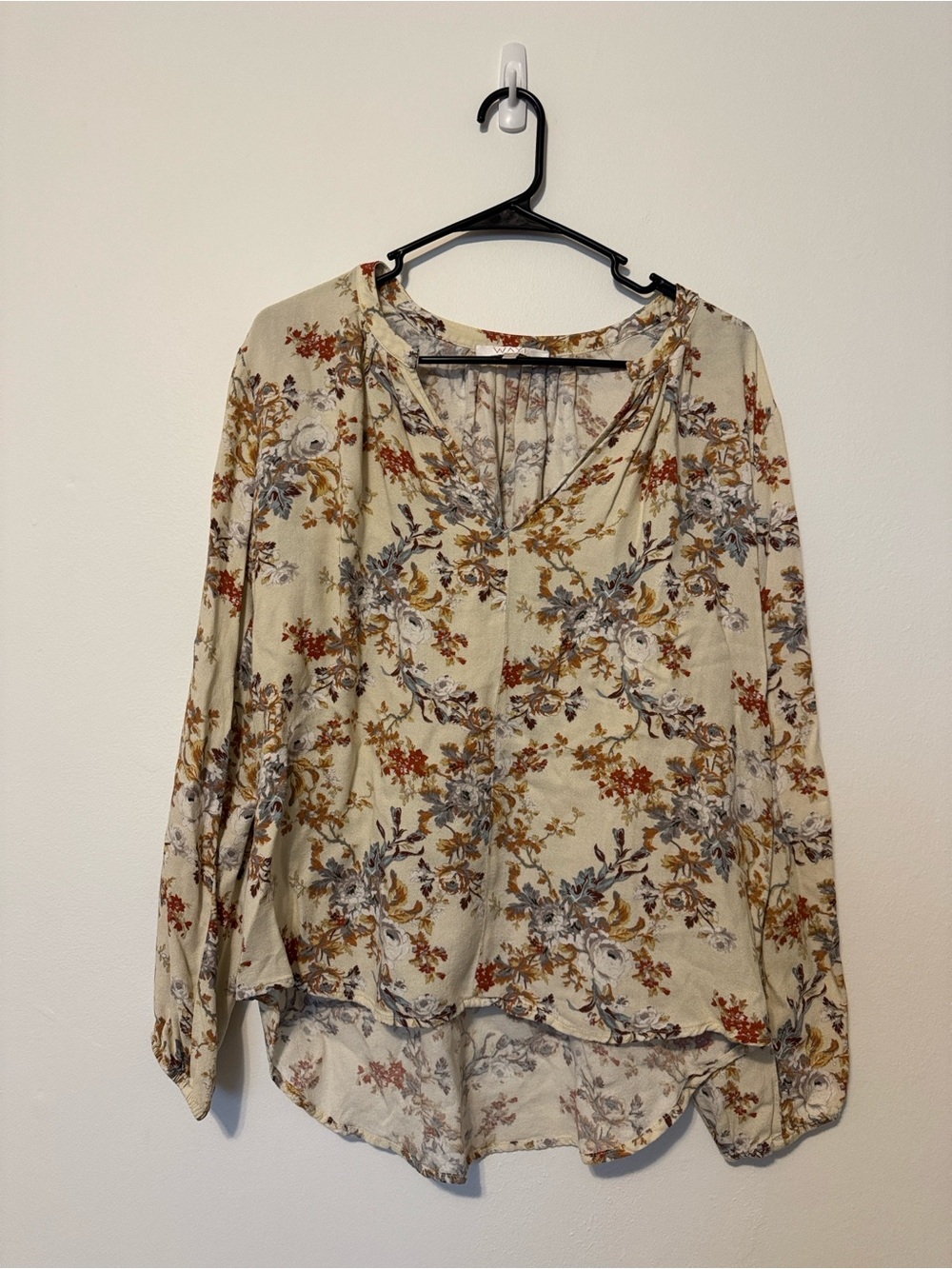 Wayf Cream Floral V-Neck Long Sleeve Blouse with Rust & Blue Accents